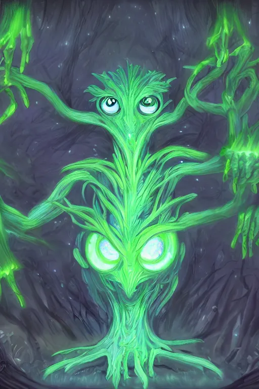 Image similar to a glowing humanoid figure plant monster with large eyes, highly detailed, digital art, sharp focus, trending on art station, plant, anime art style