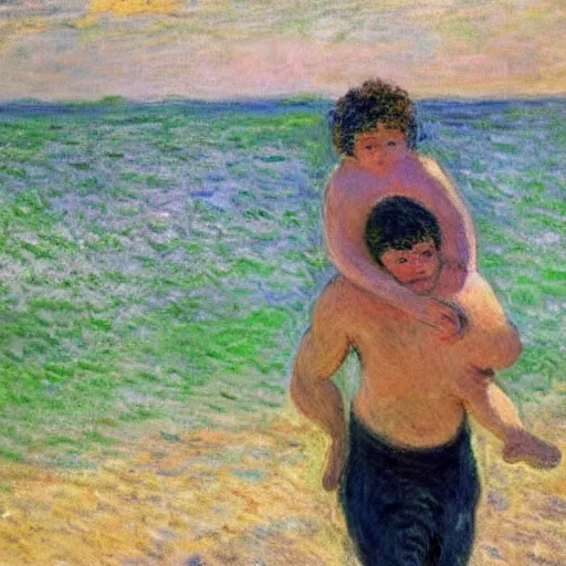 Image similar to a man carrying his child over his shoulders walking near the beach, anatomically correct, painting by monet, masterpiece