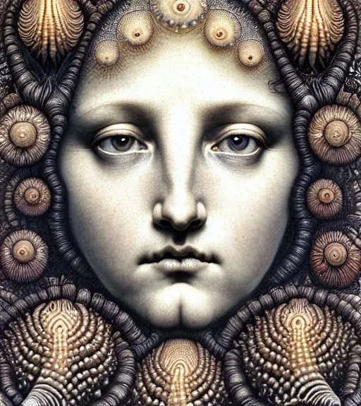 Prompt: detailed realistic beautiful scallop goddess face portrait by jean delville, gustave dore, iris van herpen and marco mazzoni, art forms of nature by ernst haeckel, art nouveau, symbolist, visionary, gothic, neo - gothic, pre - raphaelite, fractal lace, intricate alien botanicals, ai biodiversity, surreality, hyperdetailed ultrasharp octane render