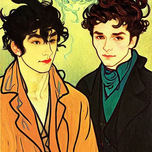 Image similar to painting of young cute handsome beautiful dark medium wavy hair man in his 2 0 s named shadow taehyung and cute handsome beautiful min - jun together at the halloween! party, bubbling cauldron!, candles!, smoke, autumn! colors, elegant, wearing suits!, delicate facial features, art by alphonse mucha, vincent van gogh, egon schiele