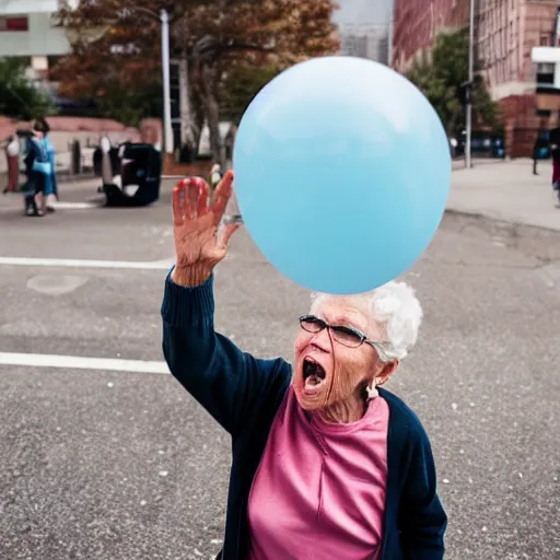 Image similar to elderly woman screaming at a balloon, canon eos r 3, f / 1. 4, iso 2 0 0, 1 / 1 6 0 s, 8 k, raw, unedited, symmetrical balance, wide angle