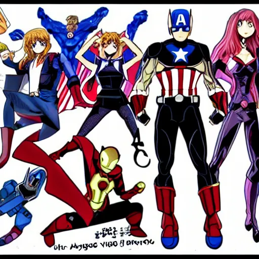 Prompt: the avengers in the style of yuyuko takemiya and gen urobuchi