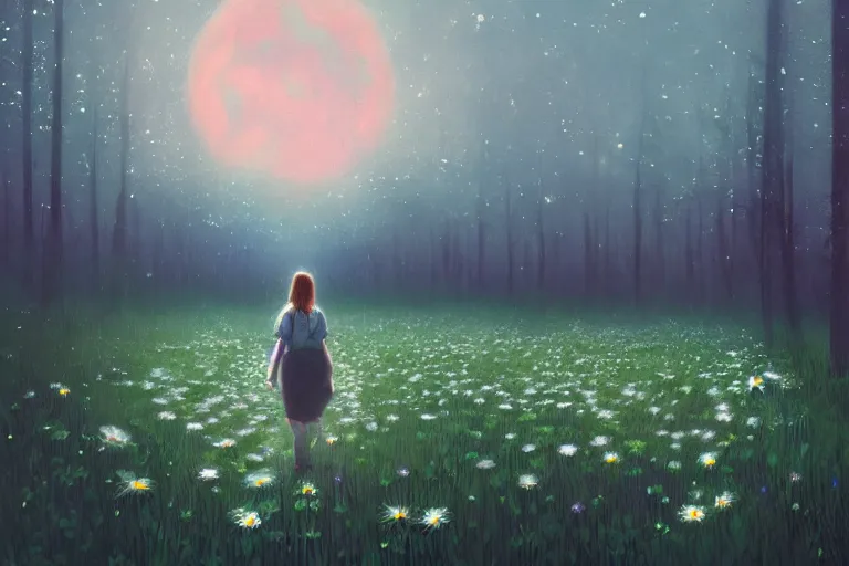 Image similar to giant bunch of daisy flowers head, girl walking in dark forest, surreal photography, dark night, stars, moon light, impressionist painting, clouds, digital painting, artstation, simon stalenhag