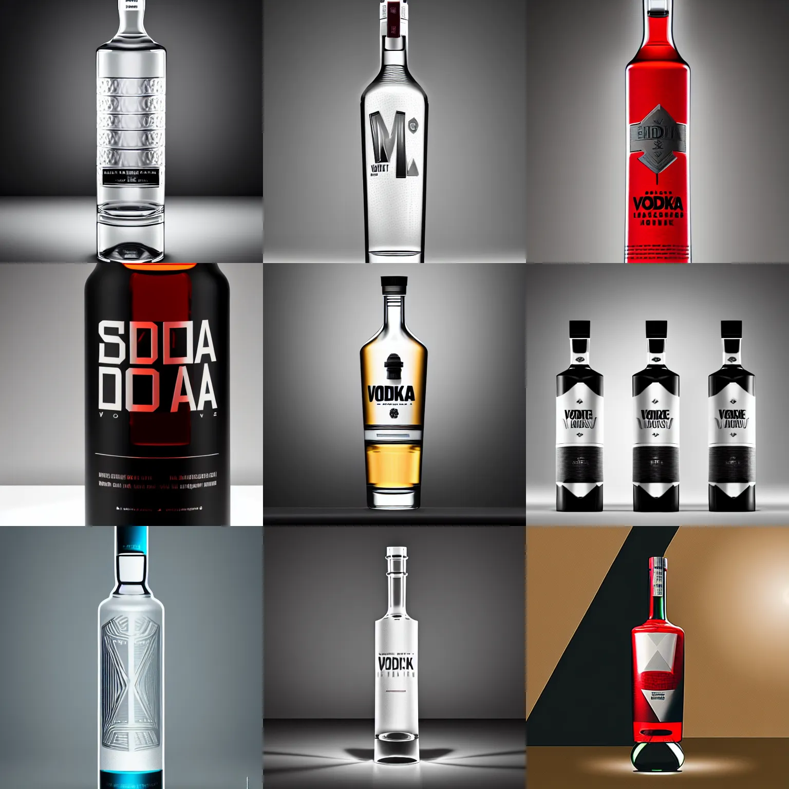 Prompt: a bottle of vodka with modern label design, studio lighting, product shot, thedieline, behance, packaging award