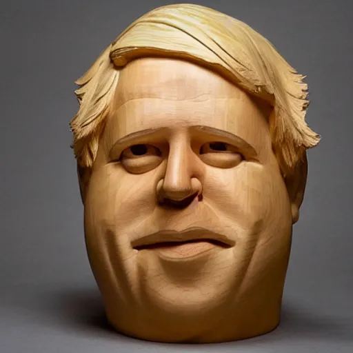 Prompt: wooden sculpture of boris johnson, polished maple, thoughtful, elegant, real