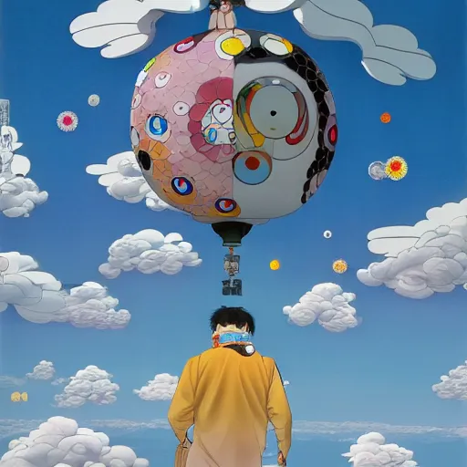 Image similar to a man walking on clouds away from the camera above kyoto by takashi murakami, beeple and james jean, aya takano color style, 4 k, super detailed, modern, 4 k, symmetrical