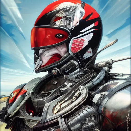 Image similar to a portrait of spawn in a racing helment by sandra chevrier, detailed render, epic composition, cybernetics, 4 k realistic, cryengine, realistic shaded lighting, sharp focus, masterpiece, by matteo scalera, gary montalbano, peter elson in the style of the tokyo ghost comic