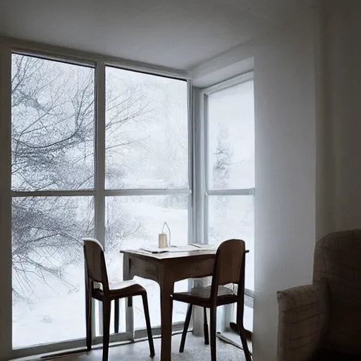 Image similar to “snowy scene low lighting through a window, the room is all white, small table and chair, low light, peaceful scene, environment concept, 4K, UHD”