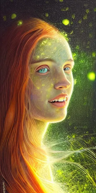 Image similar to infp young woman, smiling amazed, golden fireflies lights, sitting in the midst of nature fully covered, long loose red hair, intricate linework, bright accurate green eyes, small nose with freckles, oval shape face, realistic, expressive emotions, dramatic lights spiritual scene, hyper realistic ultrafine art by michael cheval, jessica rossier, boris vallejo