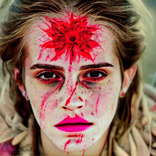 Image similar to 3 5 mm coloured film portrait of emma watson as aghori sadhu covered in ash creature, hyperrealism, celestial red flowers vibe, photorealistic, detailed, atmospheric, 8 k, award winning photography, cinematic