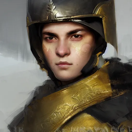 Prompt: Medium closeup young idealistic and pious male Imperial soldier wearing a black tabard with light yellow accents over a gambeson and a barbut helm, by Raymond Swanland Greg Rutkowski Lise Deharm, {perfect face}, {perfect eyes}