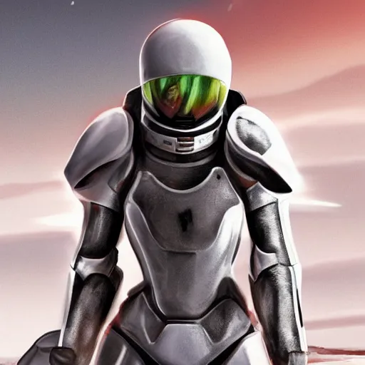 Image similar to a young female soldier, no makeup, in glossy sleek white armor inspired by samus aran, blood stains, dings and scratches, soot marks, long red cape, heroic posture, determined expression, no helmet, on the surface of mars, dramatic lighting, cinematic, sci-fi, hyperrealistic, detailed