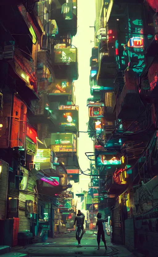 Image similar to a cyberpunk American alley with robots and humans walking around by marcel deneuve and beeple