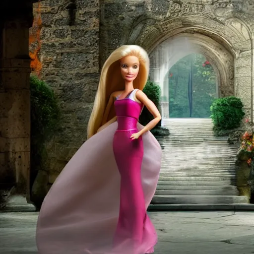 Image similar to barbie i ’ m real life live action remake, 4 k, film still, live action, realistic, human, actress, wide angle, 4 k, background of castle