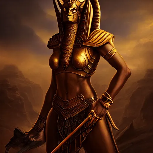 Image similar to majestic gracious anubis female warrior portrait, atmospheric lighting, painted, menacing, intricate, volumetric lighting, beautiful, rich deep colours masterpiece, golden hour, sharp focus, ultra detailed, by leesha hannigan, ross tran, thierry doizon, kai carpenter, ignacio fernandez rios