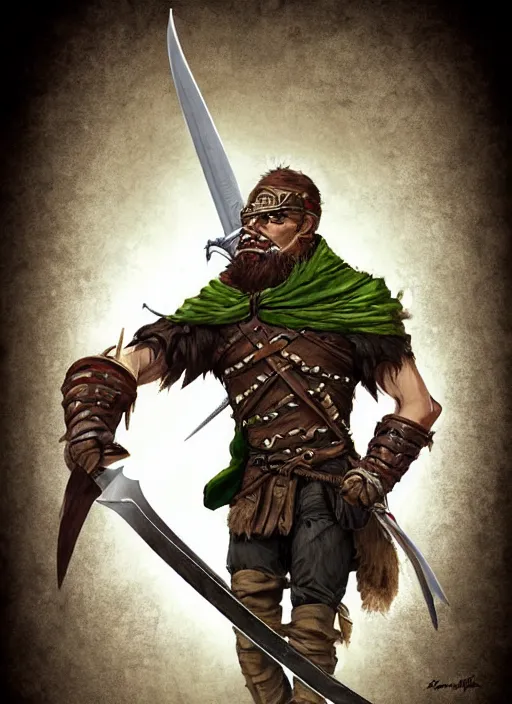 Image similar to strong young man, photorealistic bugbear ranger holding sword, fire magic, black beard, dungeons and dragons, pathfinder, roleplaying game art, hunters gear, jeweled ornate leather and steel armour, concept art, character design on white background, by norman rockwell, makoto shinkai, kim jung giu, artstation trending, poster art, colours red and green