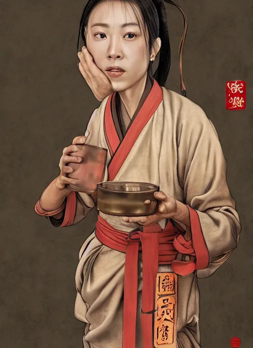 Prompt: full portrait of a female monk drinking a jar of baijiu by wlop, wuxia, xianxia, drunken boxing, drunken fist, drunken master, weathered olive skin, athletic, playful, fully clothed, monk's robe, baijiu, clay jar, detailed, realistic, anatomically accurate, fantasy illustration, artstation, wlop.