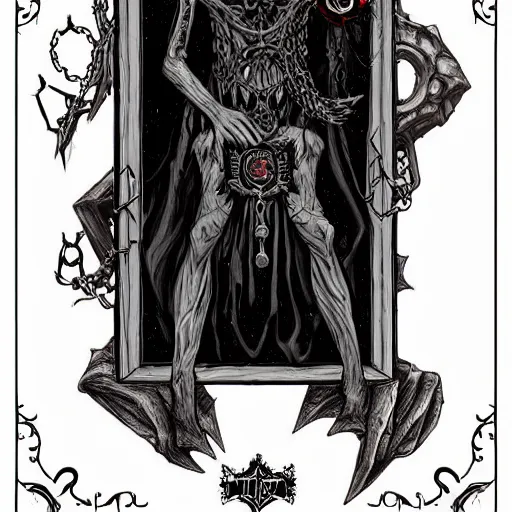 Prompt: A Dark art illustration of undead sorcerer holding a big grimoire by Adam Duff, Ruby insets, chains, monstrous skull, 4k, trending on artstation, pinterest, pixiv