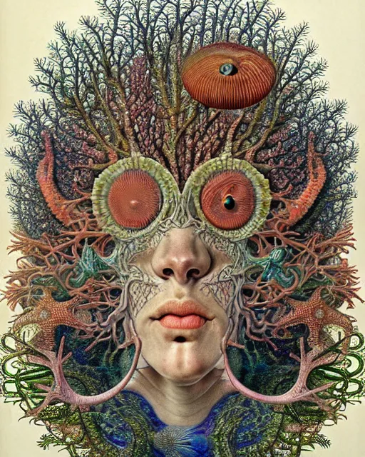 Prompt: hyperrealistic detailed underwater face portrait of the beautiful god of the fish with an intricate headgear of corals, sea kelp, sea plants, fish, starfish, jellyfish, art by ernst haeckel, hieronymus bosch, james jean, gothic, neo - gothic, ornamental, beautiful deep colours,