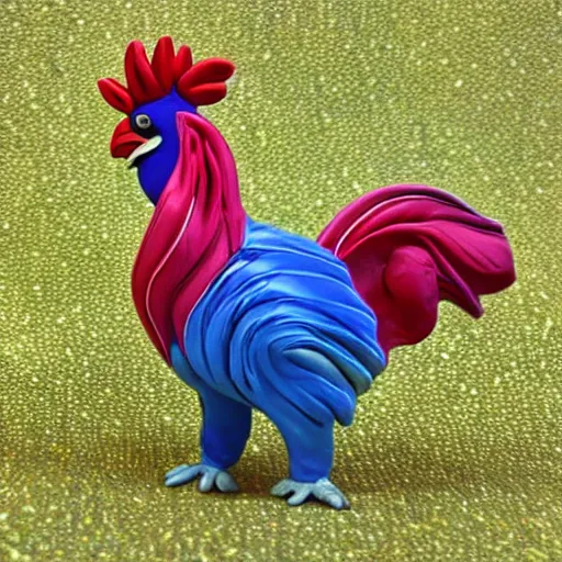 Prompt: A Vibrantly coloured , 3D polymer clay figure of a majestic rooster, strutting his stuff to the hens nearby