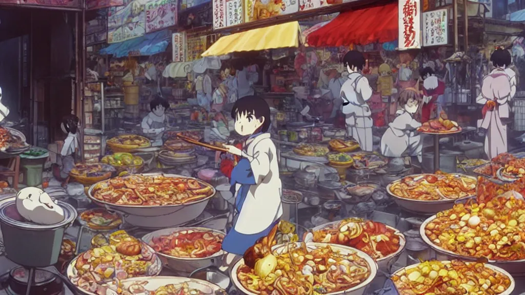 Image similar to a rabbit being cooked in a street market, anime film still from the an anime directed by Katsuhiro Otomo with art direction by Salvador Dalí, wide lens