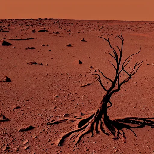 Prompt: A lone dead tree on Mars, canyon, classic painting, award winning, highly detailed