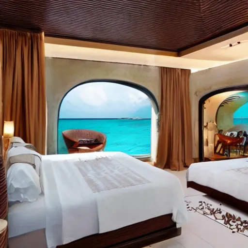 Image similar to bedroom at extremely expensive underwater hotel in the caribbean. high - fashion boutique hotel. portholes. a small leak. detailed beautiful photography.