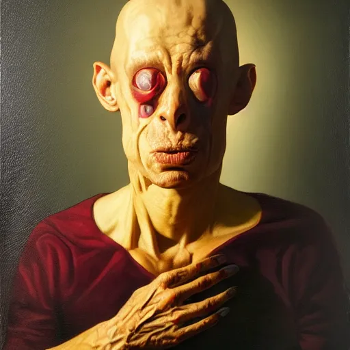 Image similar to oil painting by christian rex van minnen of a portrait of an extremely bizarre disturbing mutated man with proteus syndrome shiny bulbous intense chiaroscuro lighting perfect composition