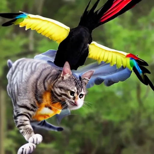 Image similar to spherical cat with wings attacks a parrot