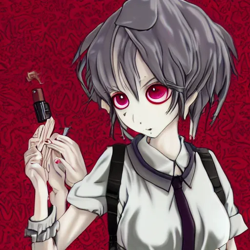 Image similar to red-eyed beautiful shoggoth anime girl smoking a cigarette deviantart by amano yoshitaka hyperreality hd danganronpa art detailed 8k by aramaki shinji, lovecraft, details, meat, blood