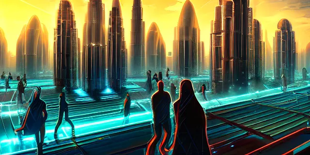 Prompt: blockchain in the middle of a futuristic cyberpunk dubai city, in the art style of dan mumford and marc simonetti, atmospheric lighting, intricate, volumetric lighting, beautiful, sharp focus, ultra detailed