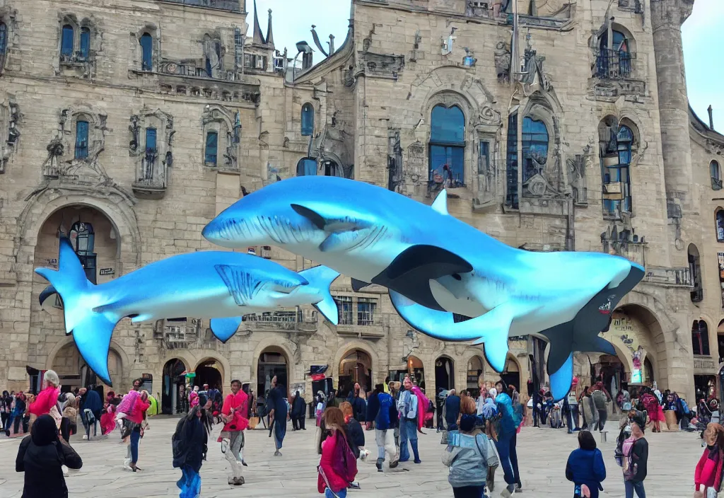 Image similar to 3 d 🦈 popping out of curved screen, town square