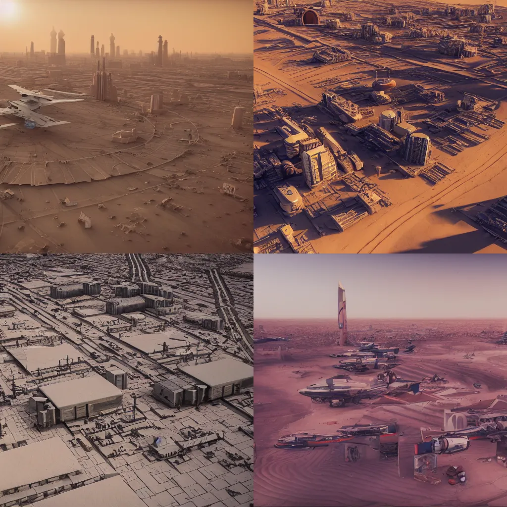 Prompt: photo of a Russian city on a desert planet, aircraft, lots of people, extreme details, soft lighting, realistic octane render, 8k