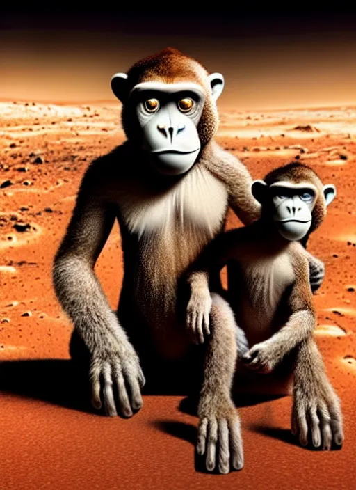 Prompt: detailed image of Elon Musk with a creepy monkey family, on the surface of Mars, by richard corben, rich deep colors. masterpiece . intricate artwork, very coherent symmetrical artwork, cinematic, hyper realism, high detail, octane render, unreal engine, 8k, Vibrant colors, Smooth gradients, High contrast, depth of field. by Katsuhiro Otomo, full body character drawing, inspired by Evangeleon, clean ink detailed line drawing, intricate detail, extremely detailed.