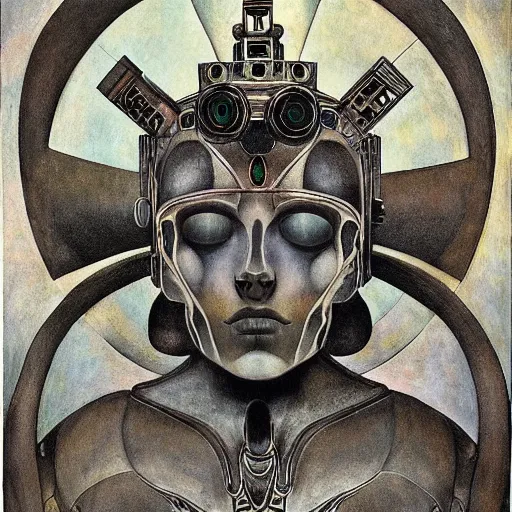 Image similar to the robot wearing the bone crown, by Annie Swynnerton and Diego Rivera, symbolist, dramatic lighting, elaborate geometric ornament, Art Brut ,god rays, soft cool colors,smooth, sharp focus, extremely detailed, Evelyn De Morgan