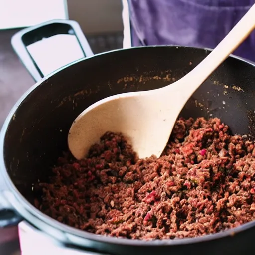 Prompt: a pot full of mince being mixed up by hands, pov, 4 k