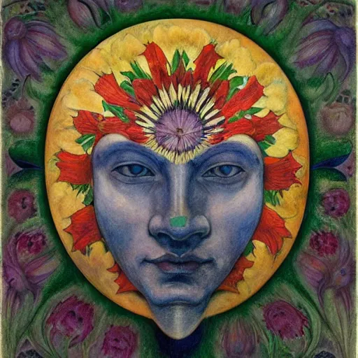 Prompt: facemask made of flowers, by annie swynnerton and jean delville and edward hopper and evelyn de morgan and rufino tamayo and diego rivera, art deco flower shaman, art brut, outsider art, symbolist, dramatic lighting, god rays, elaborate geometric ornament, clean crisp graphics, smooth sharp focus, extremely detailed, adolf wolfli