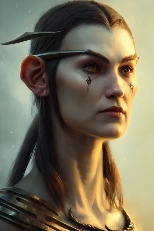 Image similar to portrait of a pagan berserk elven woman with a warpaint, undercut haircut, medium shot, portrait, concept art, natural lighting, illustration, full color, highly detailed, photorealistic, by greg rutkowski and artgerm, artstation,