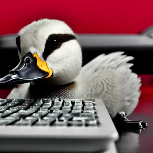 Prompt: a duck wearing a labcoat, computers in the background