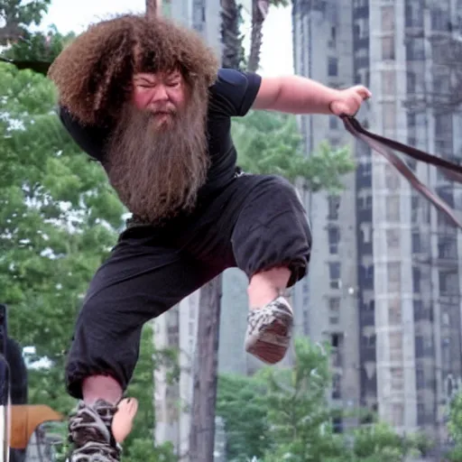 Prompt: Action shot of Hagrid as American Ninja Warrior Contestant