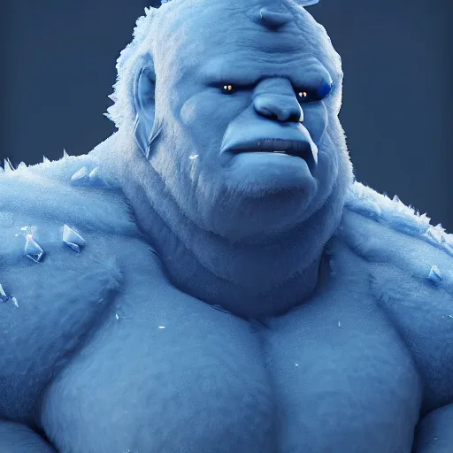 Image similar to a digital art portrait of blue ice golem ogre barbarian with long sword, dnd goliath character concept, 4 k, ultra detail, volumetric lighting, unreal engine, octane render