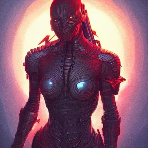 Image similar to digital art of reptilian devil in cyberpunk armor, portrait, digital painting, red and orange glow, cryengine, moody, washed colors, artstation, concept art, beautiful face, symmetric face, cinematic, by Artgerm and Greg Rutkowski and Alphonse Mucha,