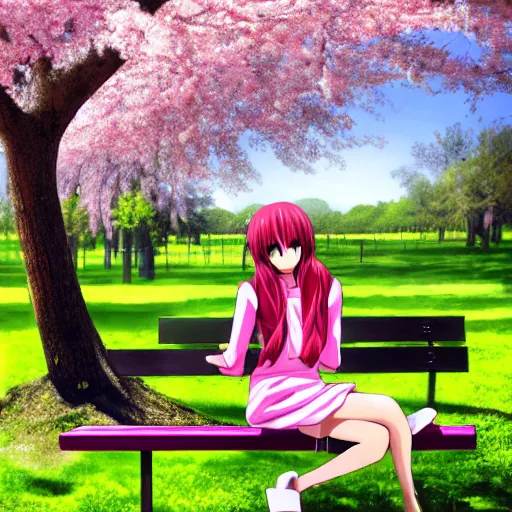 Image similar to anime girl sitting on a bench, highly accurate and proportional, spring time, cherry blossom in the background