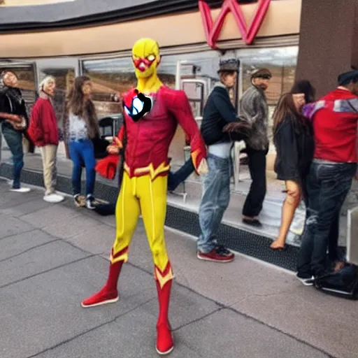 Image similar to Marvel comics character The Flash waiting in a long line at McDonalds