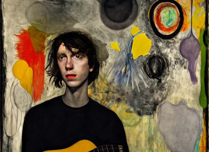 Image similar to nervous boy with acoustic guitar, vincent lefevre and hernan bas and pat steir and peter doig and hilma af klint, psychological, photorealistic, dripping paint, washy brush, rendered in octane, altermodern, masterpiece