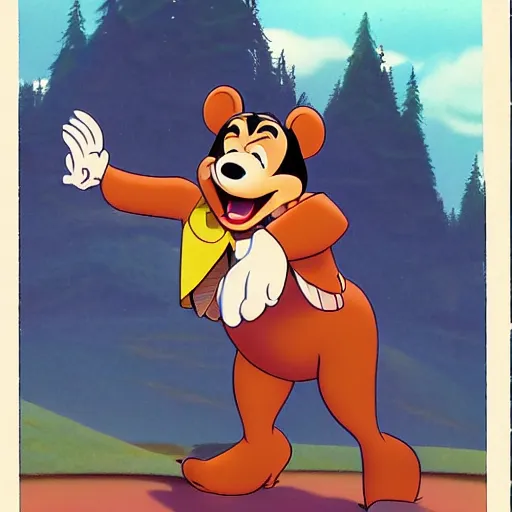 Prompt: film still vintage disney animation style of the main character bear balou in the classic disney film talespin