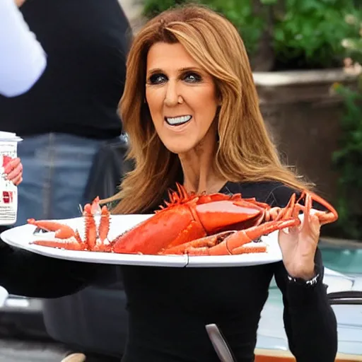 Image similar to celine dion eating lobster, outside in parking lot