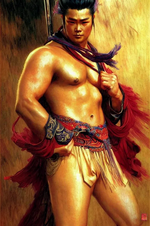 Prompt: wuxia, beefy male, character design, ancient china, colorful, painting by gaston bussiere, craig mullins, j. c. leyendecker, tom of finland