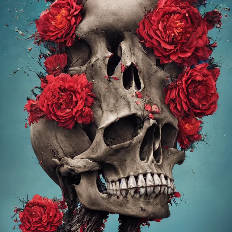 Image similar to A beautiful oil painting hyperrealism of a decayed black head, rotting black clay skin, skull bones, red flowers, floral headdress, 8k resolution, octane render, Trending on artstation, by Gediminas Pranckevicius, volumetric light 2blue fractal Thunder glow by dan mumford, anaglyph effect, Laurie Lipton