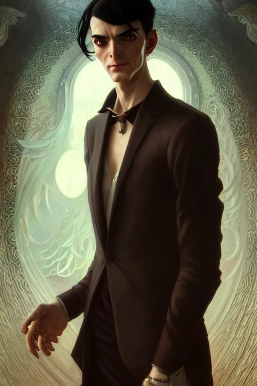 Prompt: ultra realistic, thin man in nice modern clothes, black hair, brown eyes, occult jewelry, fantasy, intricate details, eerie, highly detailed, octane render, 8 k, art by artgerm and alphonse mucha and greg rutkowski